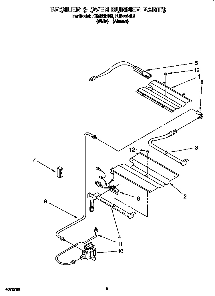 Roper FGS385BW3 broiler & oven burner diagram