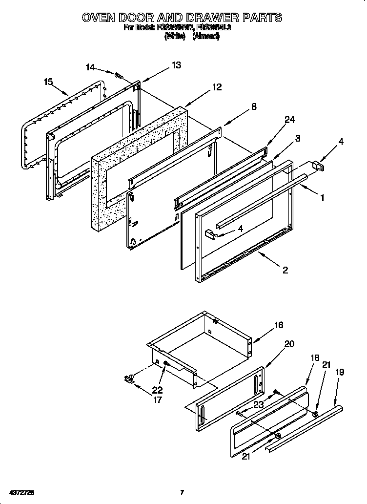 Roper FGS385BW3 oven door and drawer diagram