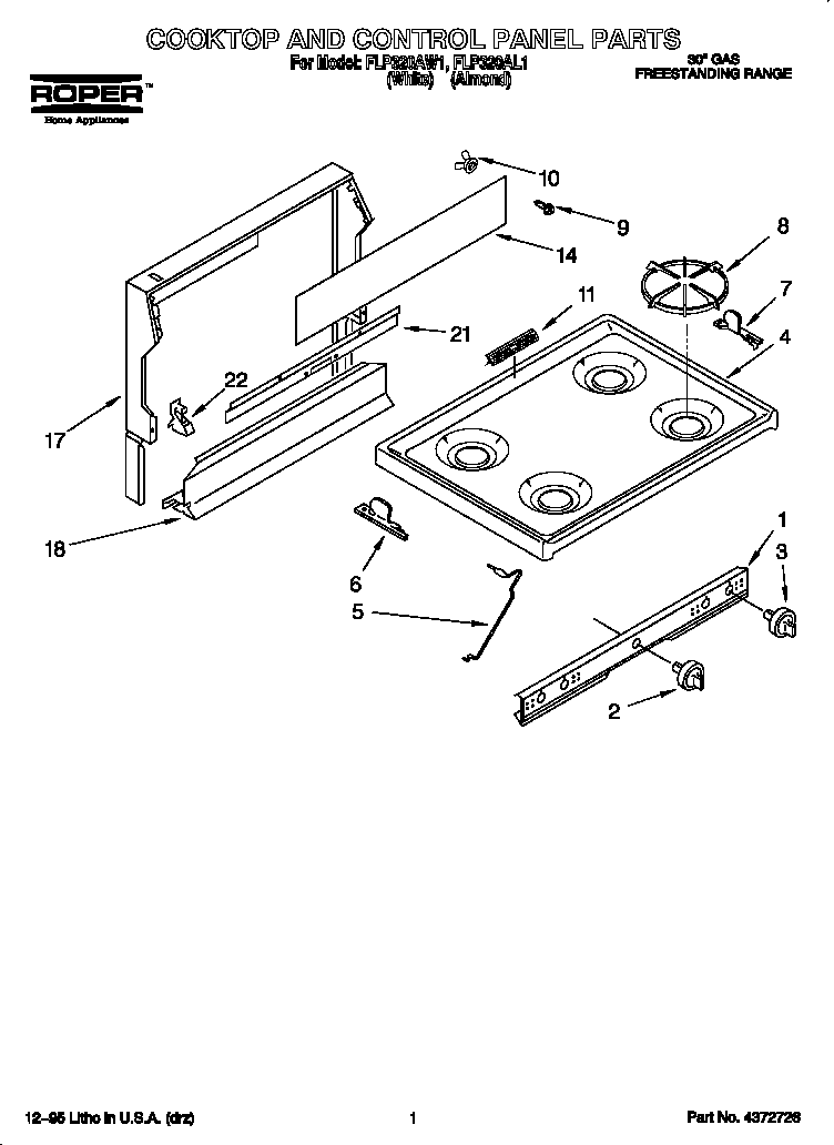 Roper FLP320AW1 cooktop and control panel diagram