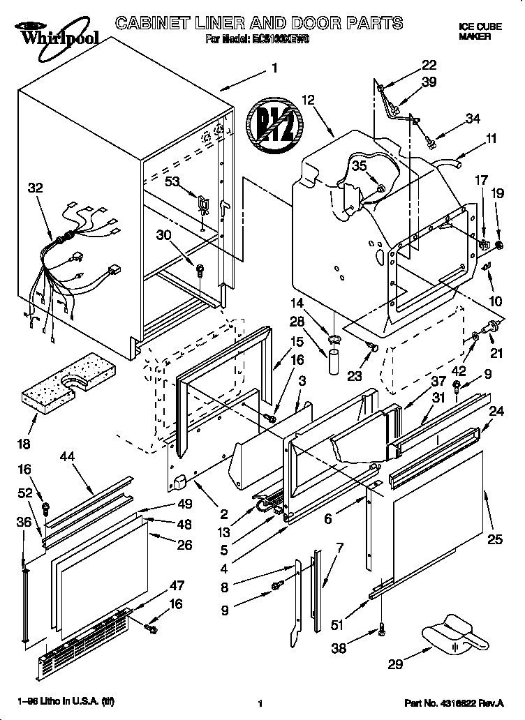 Whirlpool EC5100XEW0 cabinet liner and door diagram
