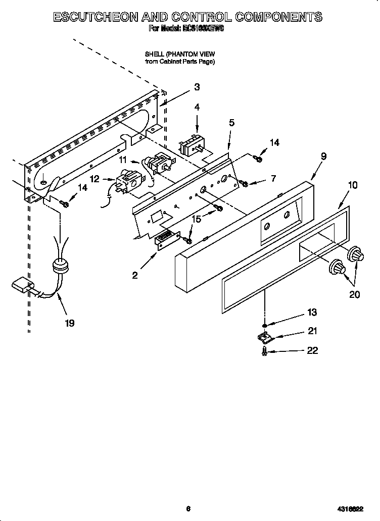 Whirlpool EC5100XEW0 escutcheon and control components diagram