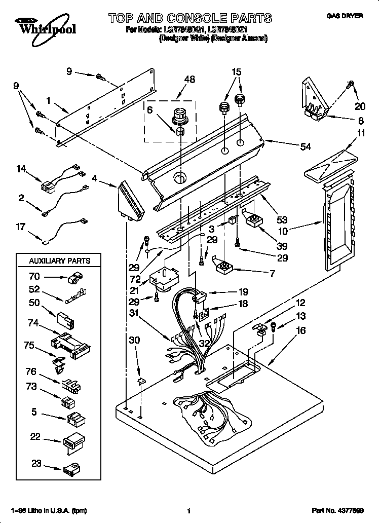 Whirlpool LGR7848DQ1 top and console diagram