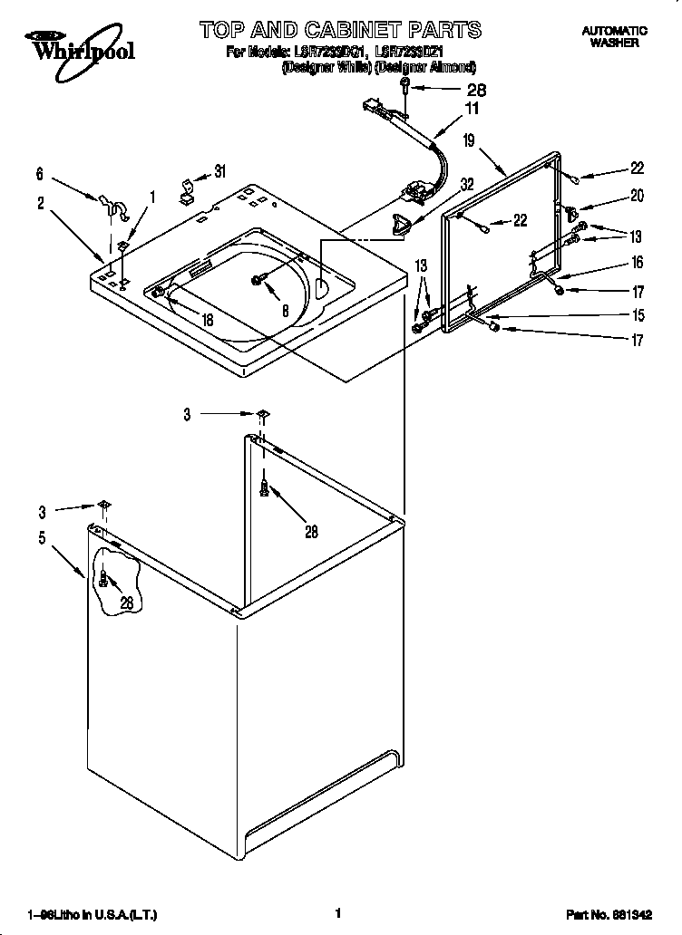 Whirlpool LSR7233DZ1 top and cabinet diagram