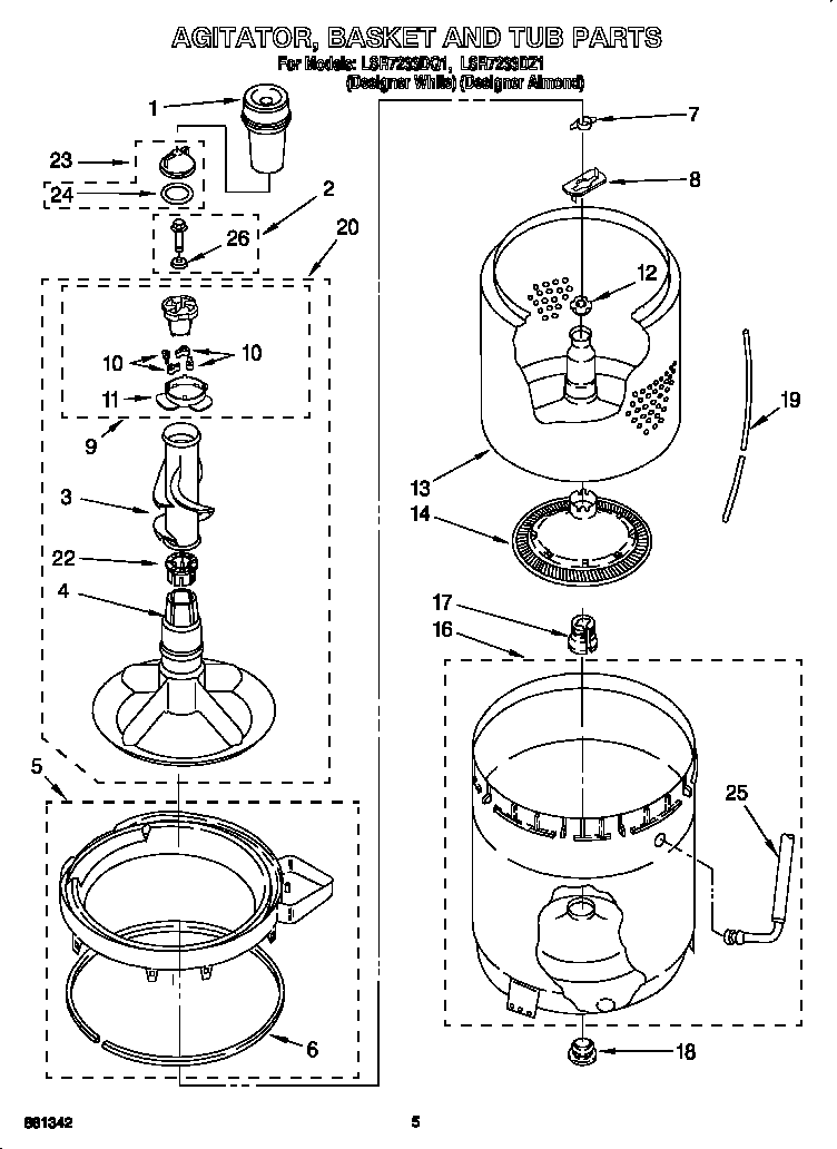 Whirlpool LSR7233DZ1 agitator, basket and tub diagram