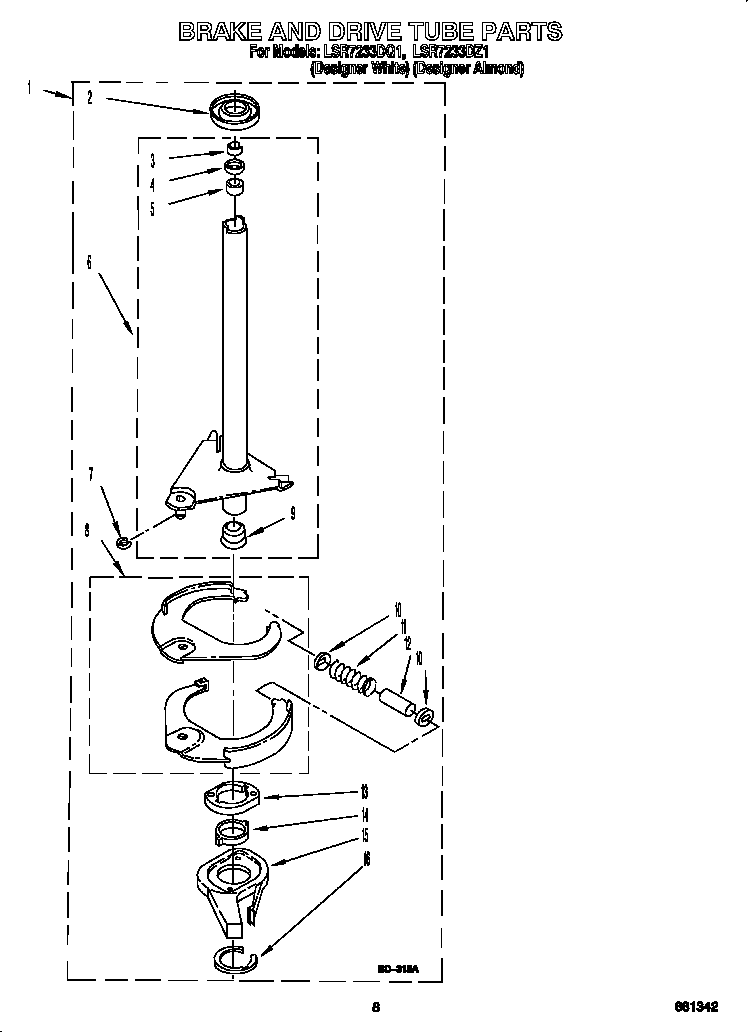 Whirlpool LSR7233DZ1 brake and drive tube diagram