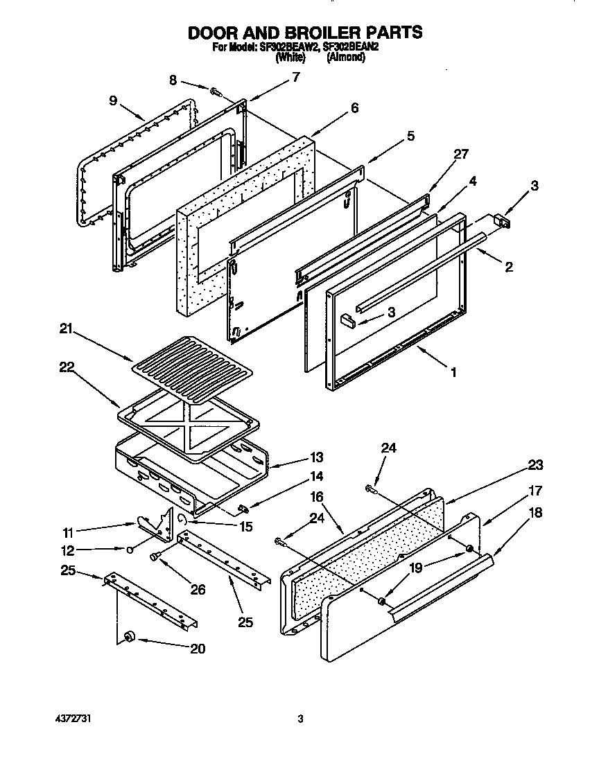 Whirlpool SF302BEAW2 door and broiler diagram