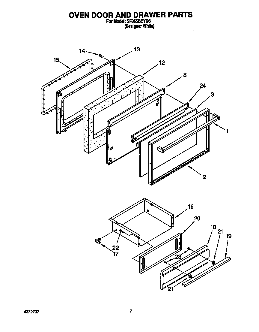 Whirlpool SF365BEYQ6 oven door and drawer diagram