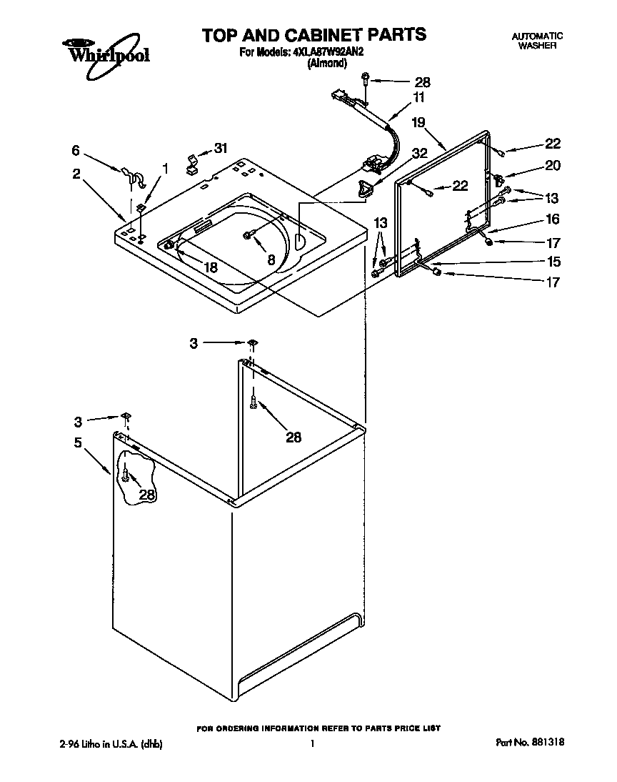 Whirlpool RF3100 top and cabinet diagram
