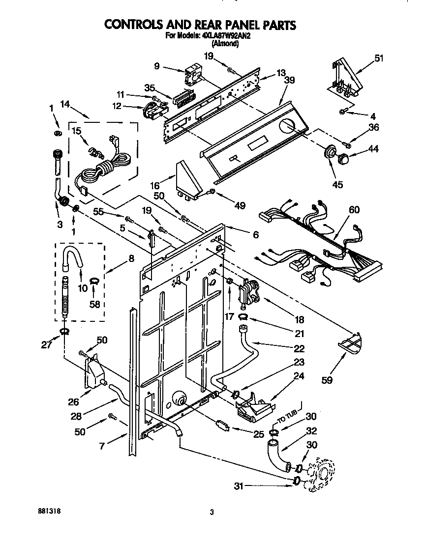 Whirlpool RF3100 controls and rear panel diagram
