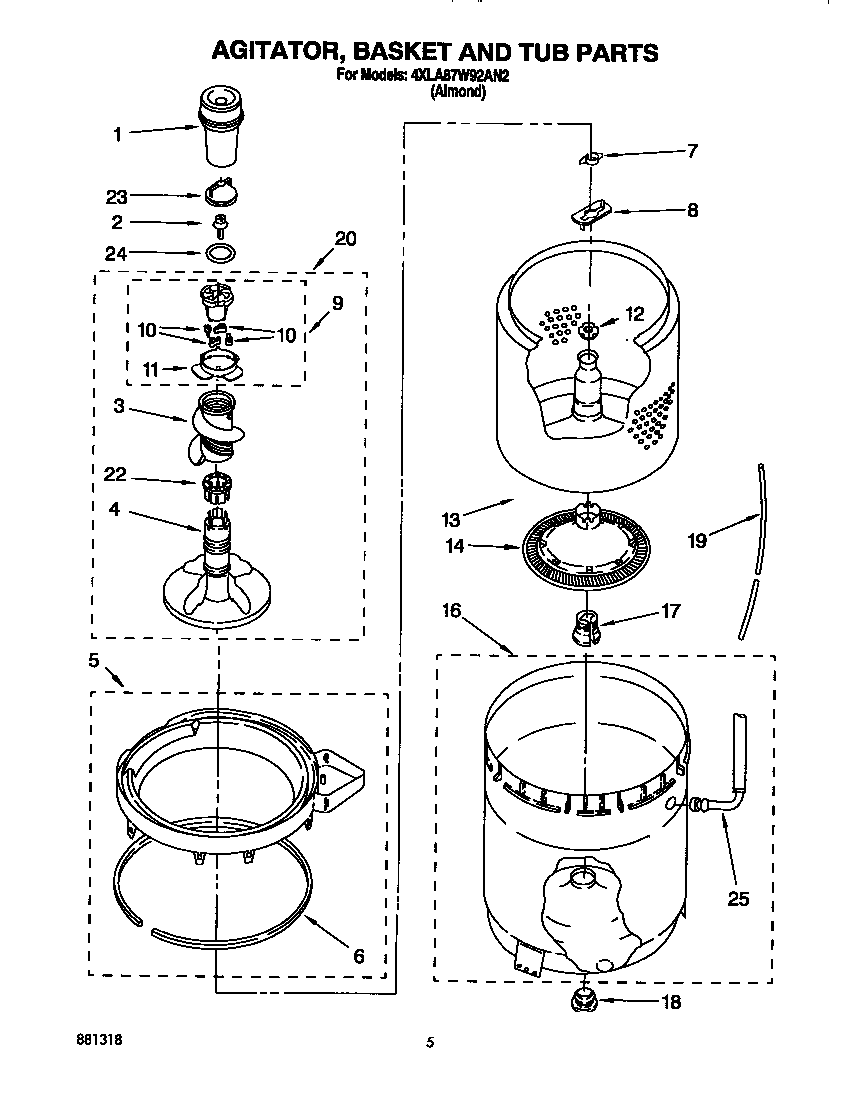 Whirlpool RF3100 agitator, basket and tub diagram