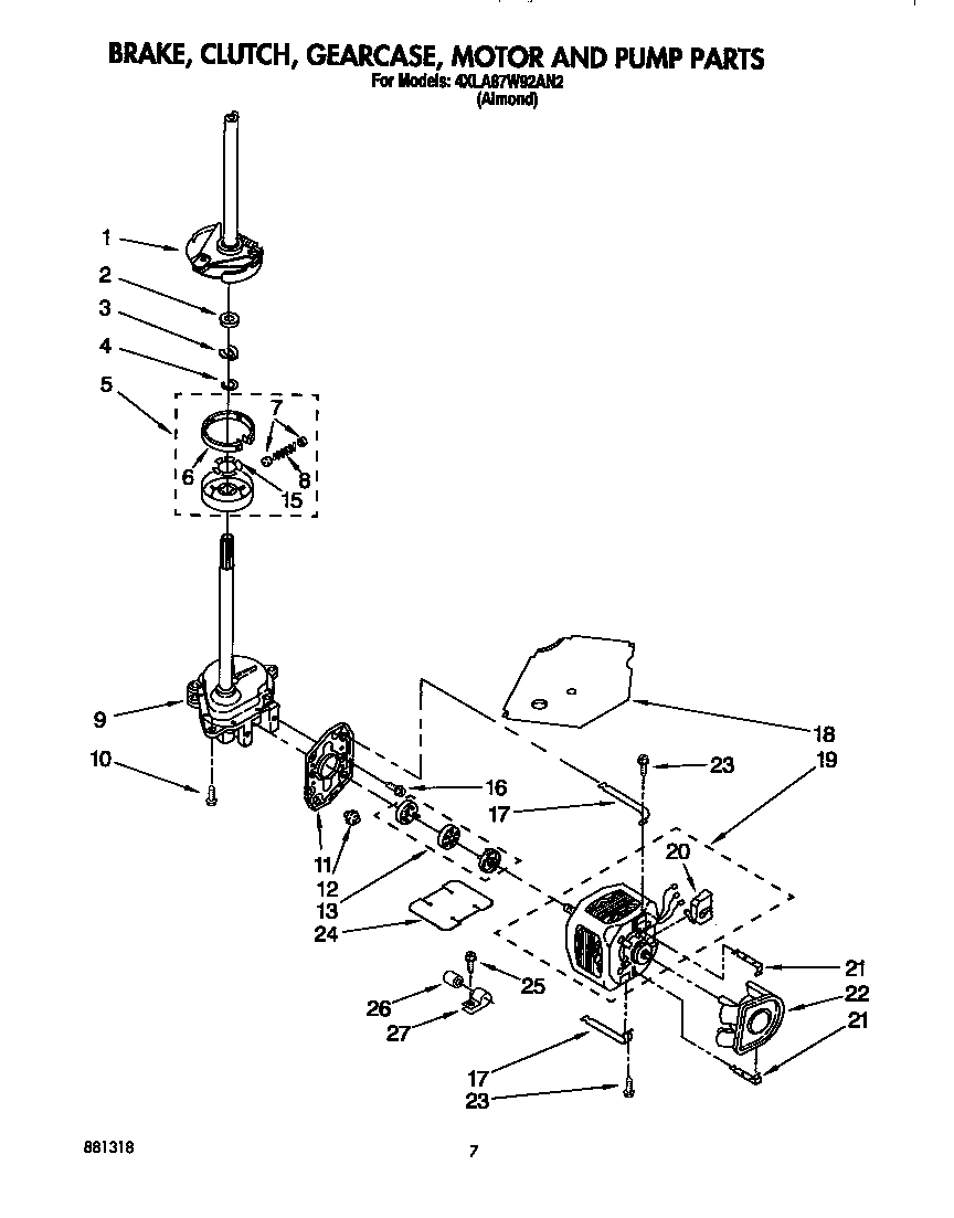 Whirlpool RF3100 brake, clutch, gearcase, motor and pump diagram