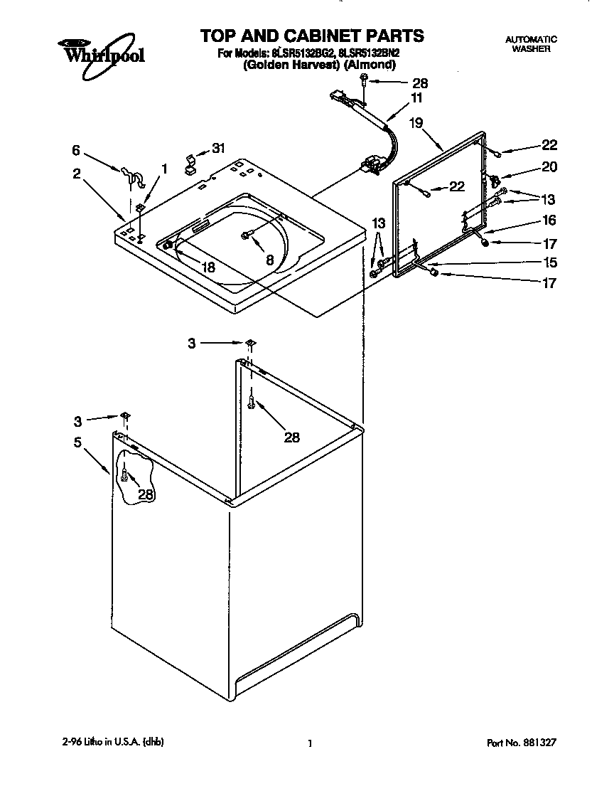 Whirlpool 8LSR5132BG2 top and cabinet diagram