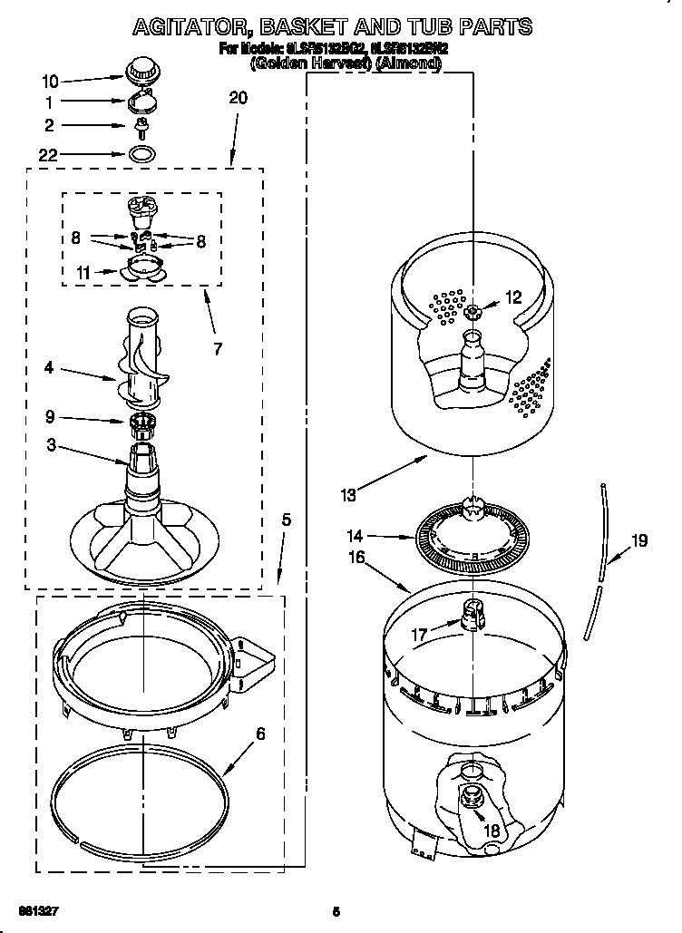 Whirlpool 8LSR5132BG2 agitator, basket and tub diagram