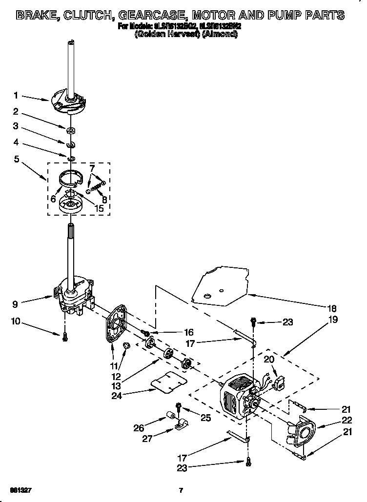 Whirlpool 8LSR5132BG2 brake, clutch, gearcase, motor and pump diagram