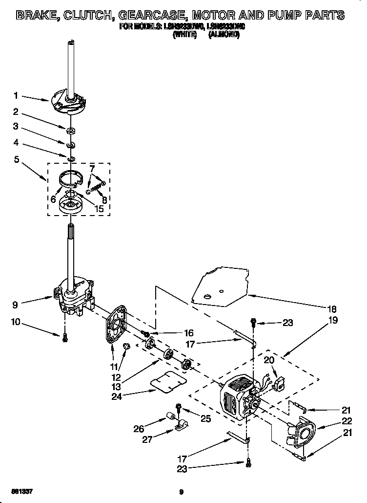 Whirlpool LSR6233DN0 brake, clutch, gearcase, motor and pump diagram