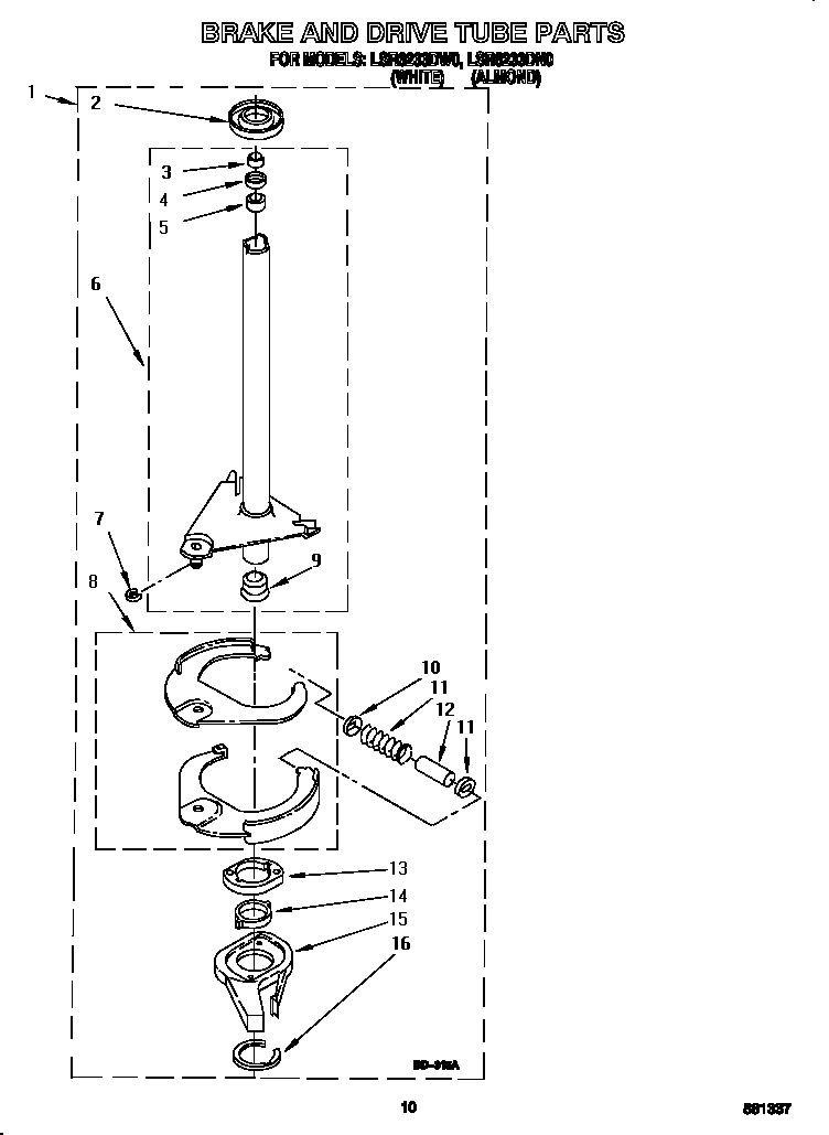 Whirlpool LSR6233DN0 brake and drive tube diagram
