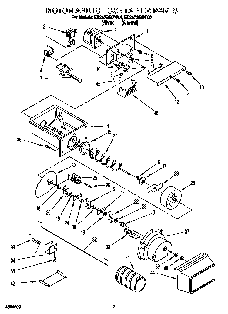 Whirlpool ED25PSQDN00 motor and ice container diagram