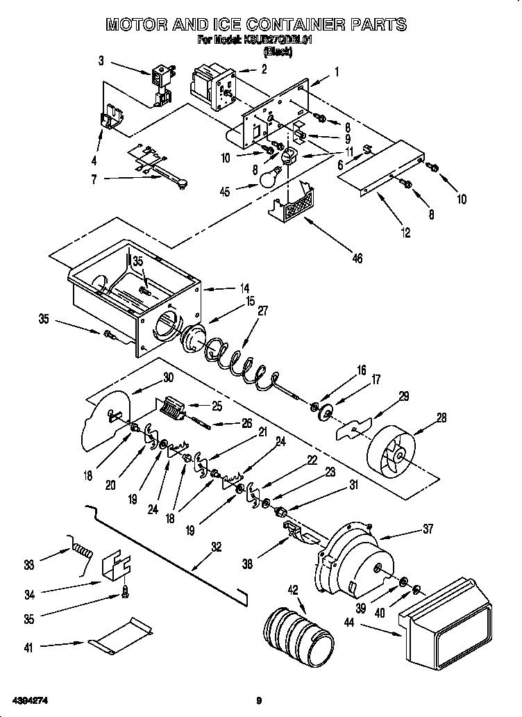 KitchenAid KSUB27QDBL01 motor and ice container diagram