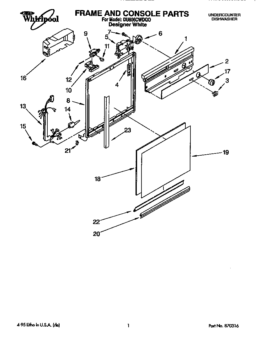 Whirlpool DU806CWDQ0 frame and console diagram