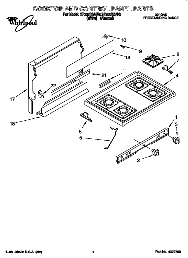Whirlpool SF302BSAN2 cooktop and control panel diagram