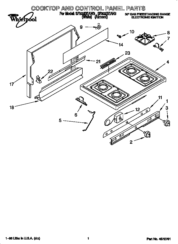 Whirlpool SF302BEAN3 cooktop and control panel diagram