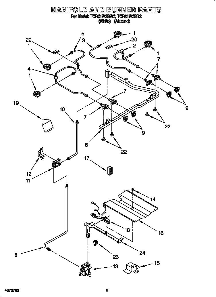 Whirlpool TGR61W2BN2 manifold and burner diagram