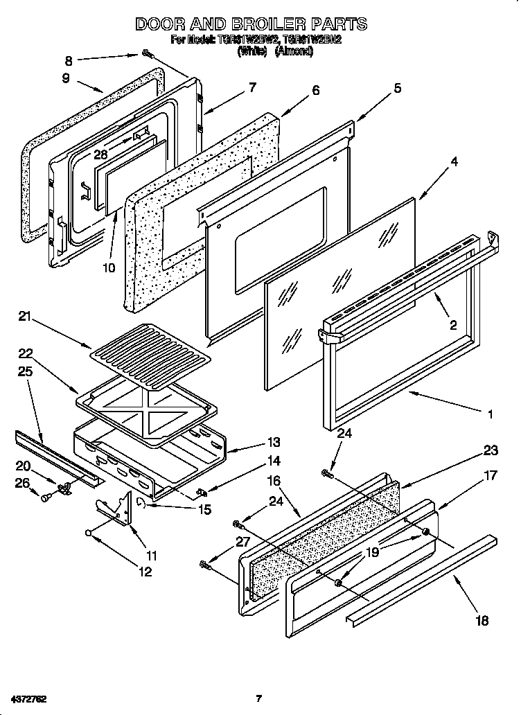 Whirlpool TGR61W2BN2 door and broiler diagram