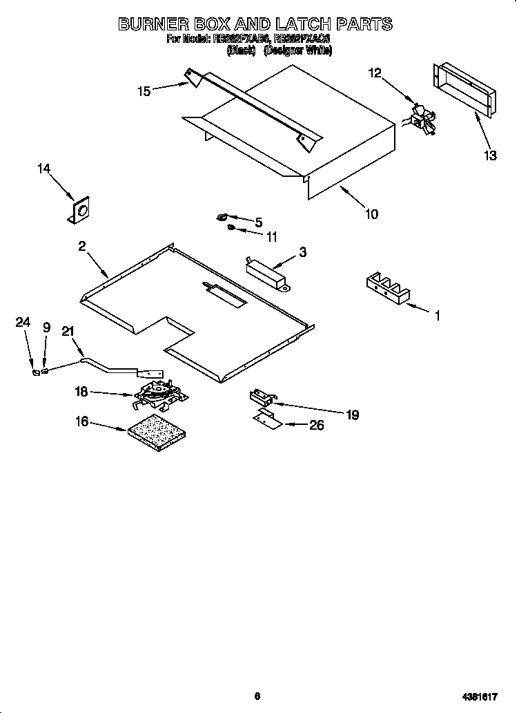 Whirlpool RB262PXAB6 burner box and latch diagram