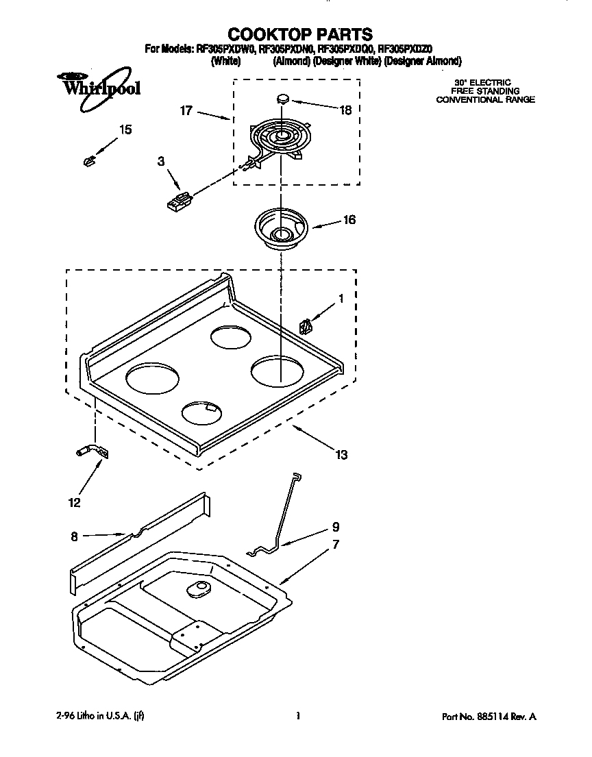 Whirlpool RF305PXDQ0 cooktop diagram