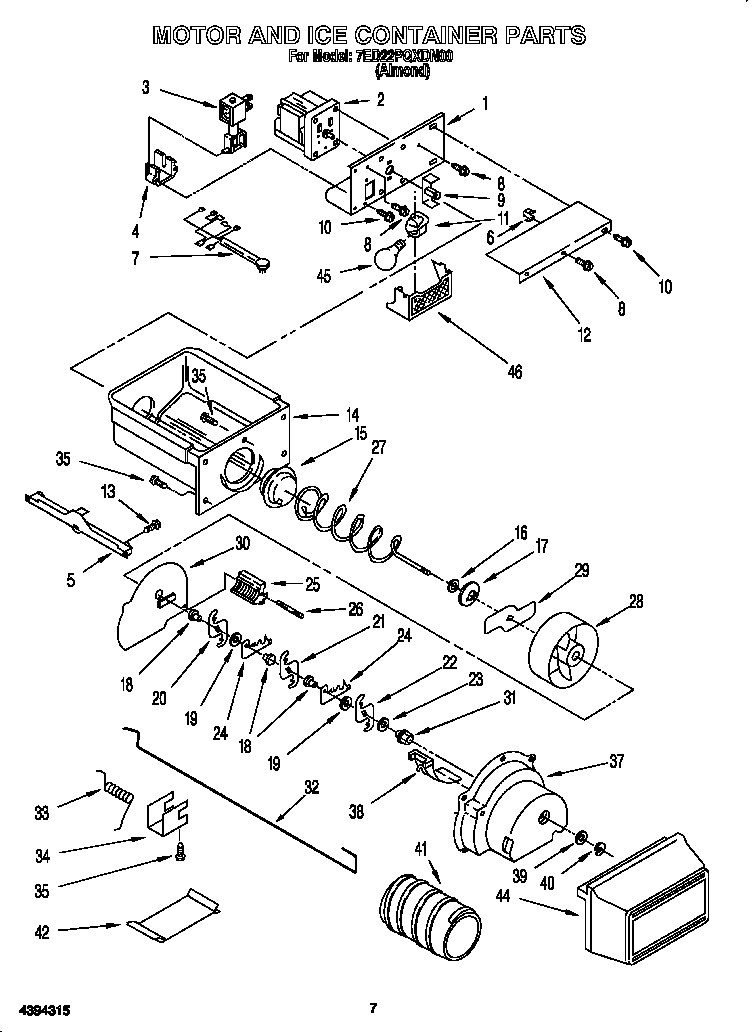 Whirlpool 7ED22PQXDN00 motor and ice container diagram