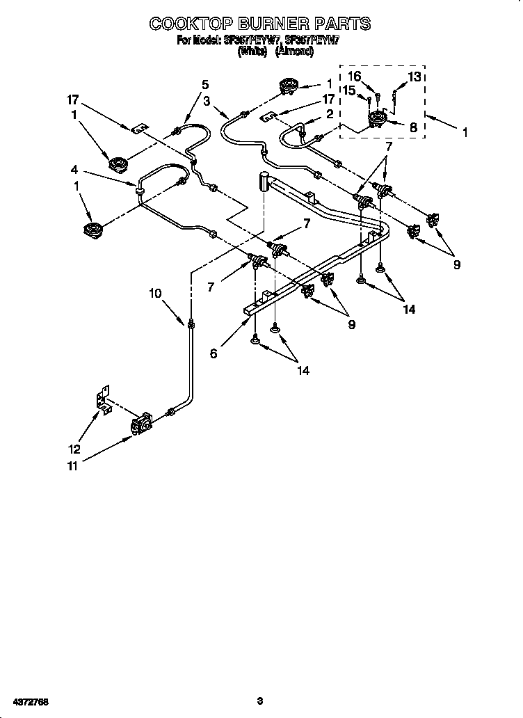 Whirlpool SF367PEYN7 cooktop burner diagram