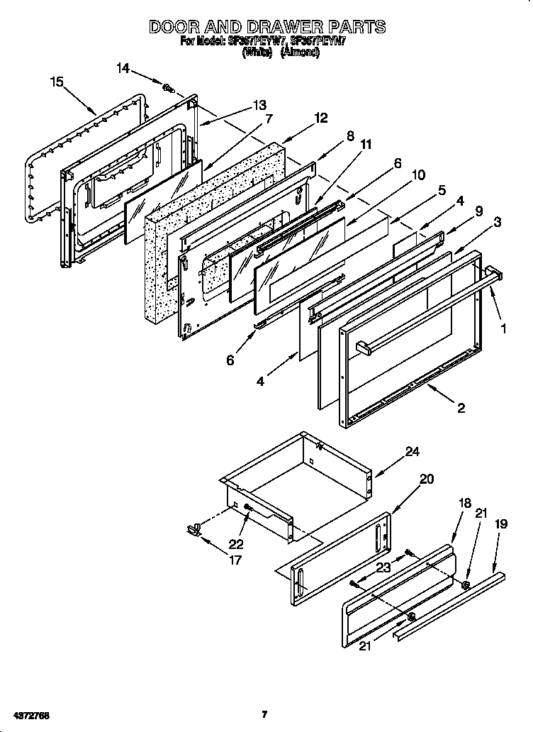Whirlpool SF367PEYN7 door and drawer diagram