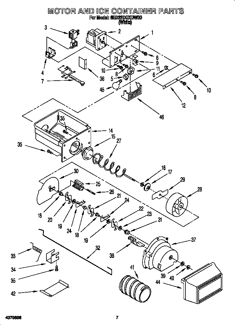 Whirlpool 6ED22DQXDW00 motor and ice container diagram
