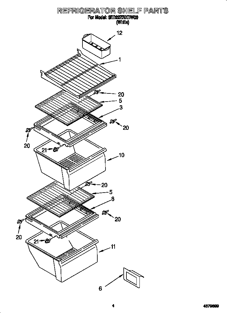 Whirlpool 6ED22ZRXDW00 refrigerator shelf diagram