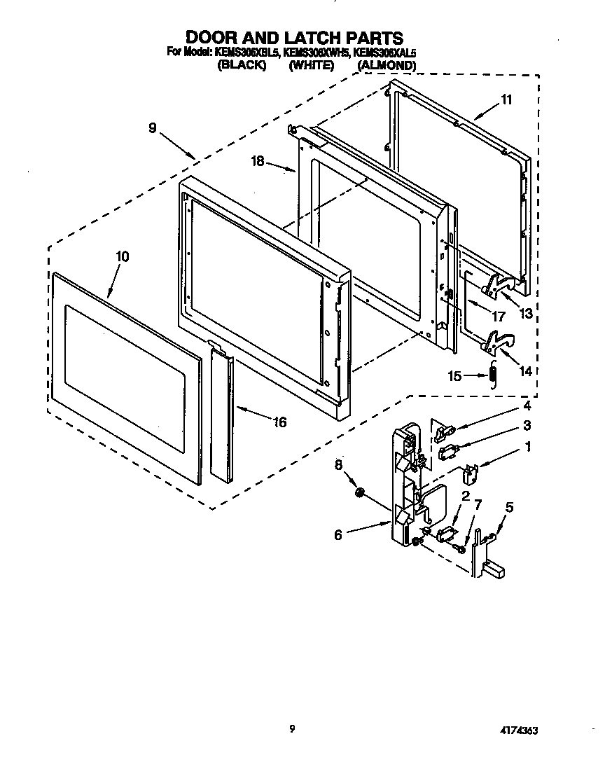 KitchenAid KEMS306XAL5 door and latch diagram