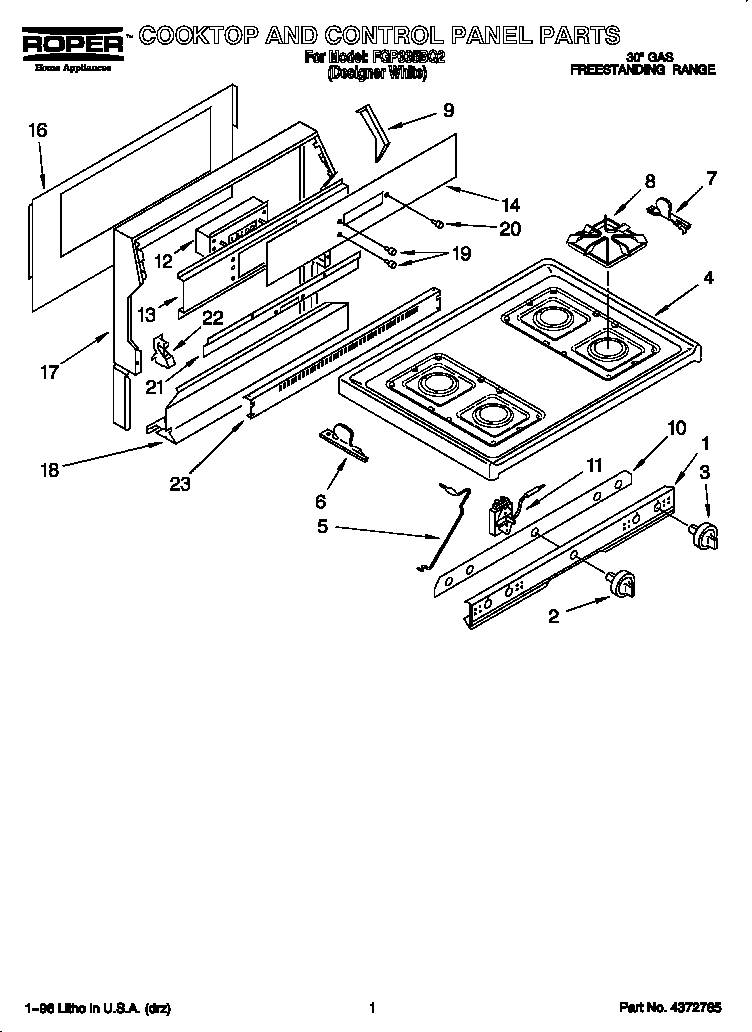 Roper FGP335BQ2 cooktop and control panel diagram