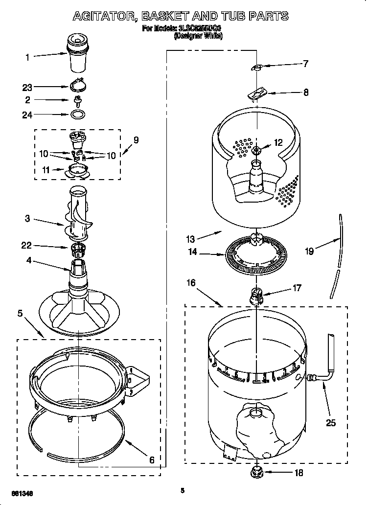 Whirlpool 3LSC8255DQ0 agitator, basket and tub diagram