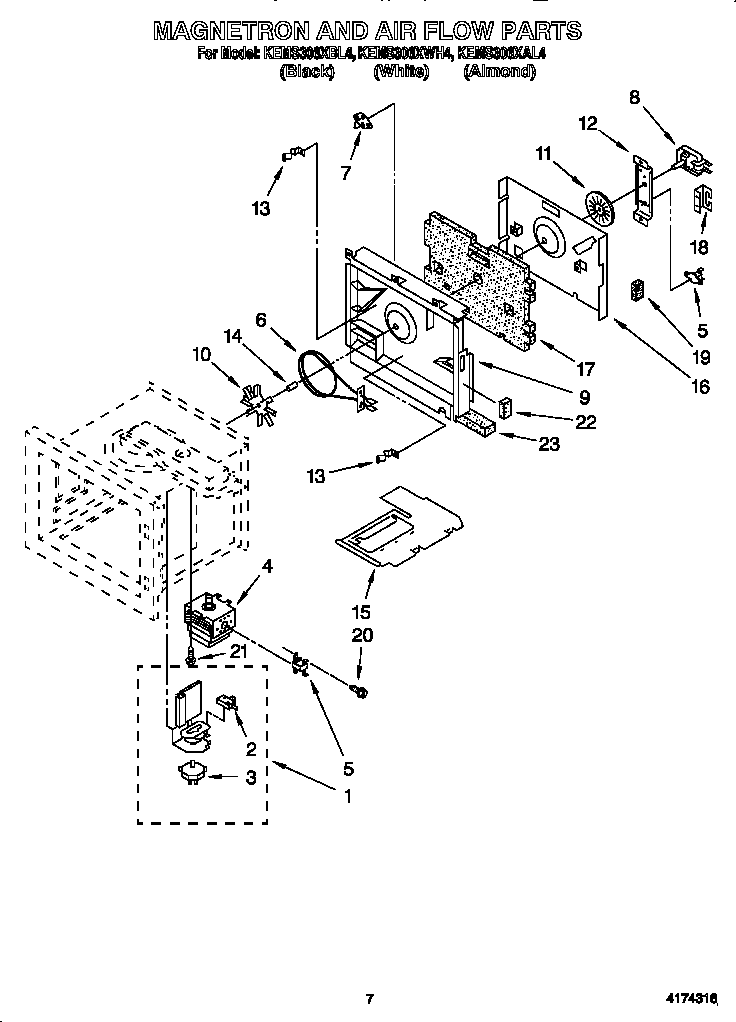 KitchenAid KEMS306XBL4 magnetron and air flow diagram