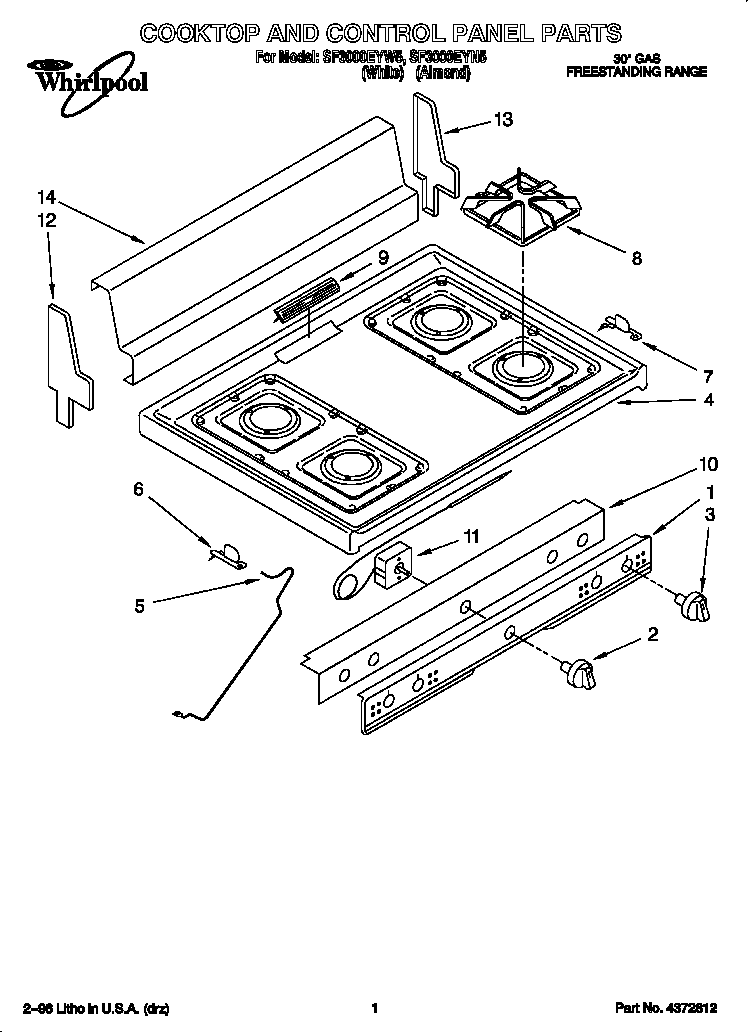 Whirlpool SF3000EYN5 cooktop and control panel diagram