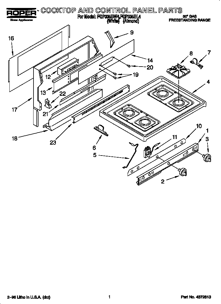 Roper FGP335BL4 cooktop and control panel diagram
