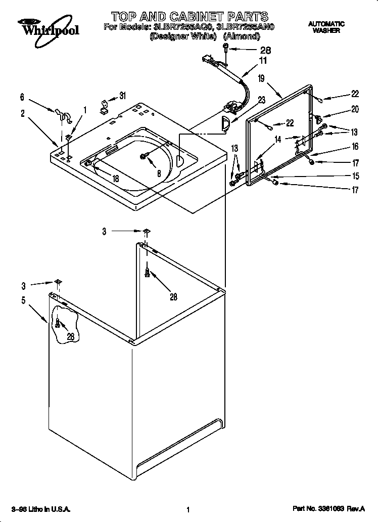 Whirlpool 3LBR7255AN0 top and cabinet diagram