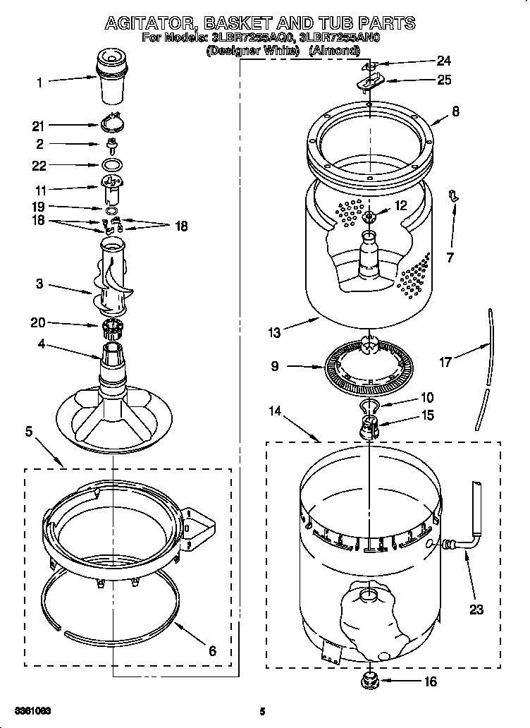 Whirlpool 3LBR7255AN0 agitator, basket and tub diagram