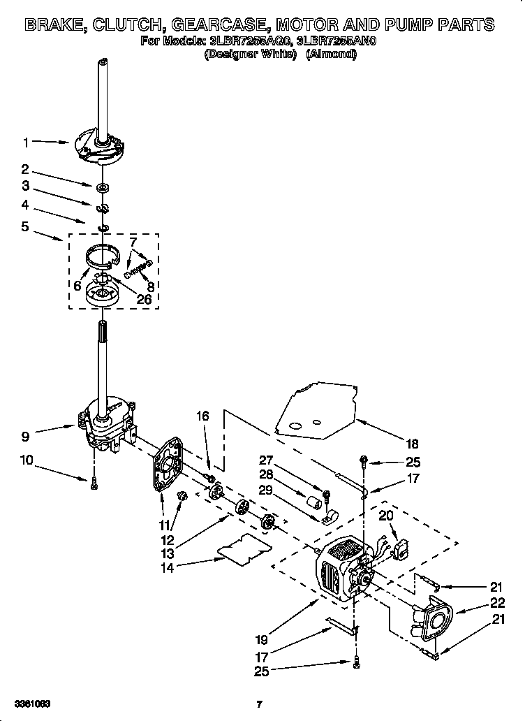 Whirlpool 3LBR7255AN0 brake, clutch, gearcase, motor and pump diagram