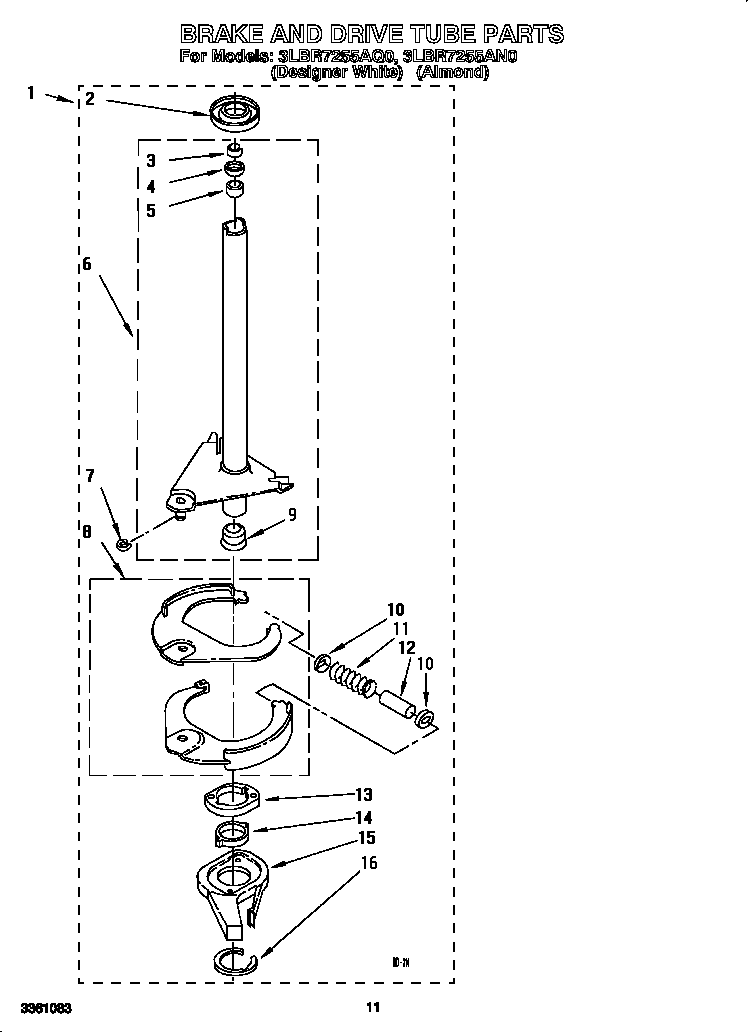 Whirlpool 3LBR7255AN0 brake and drive tube diagram