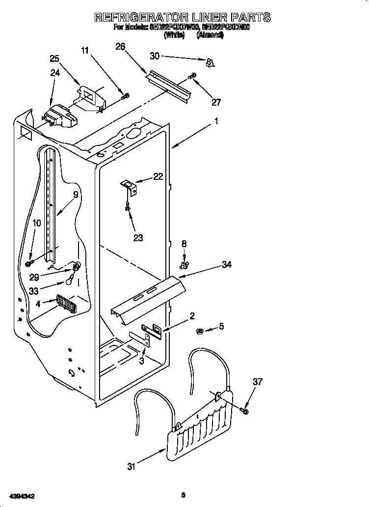 Whirlpool 8ED22PQXDW00 refrigerator liner diagram