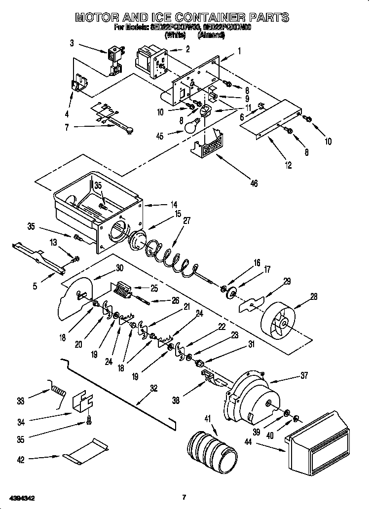 Whirlpool 8ED22PQXDW00 motor and ice container diagram