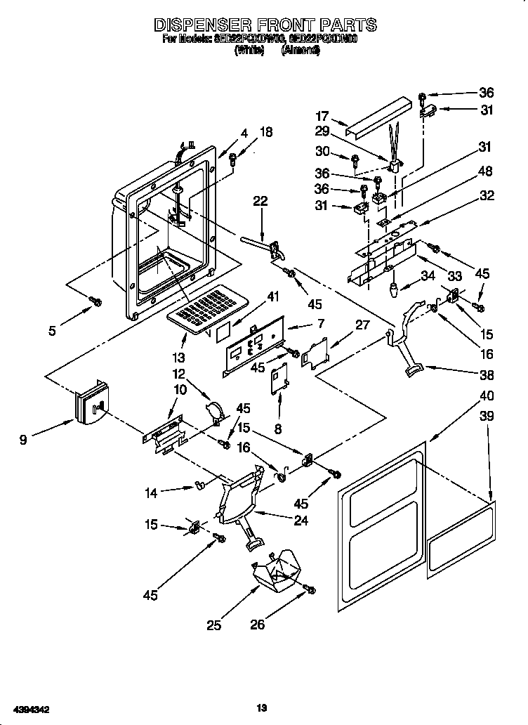 Whirlpool 8ED22PQXDW00 dispenser front diagram