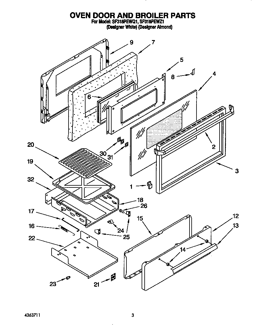 Whirlpool SF318PEWQ1 oven door and broiler diagram