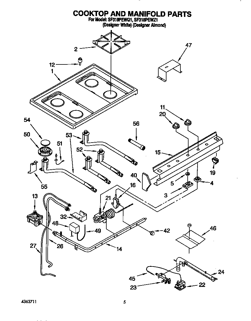 Whirlpool SF318PEWQ1 cooktop and manifold diagram
