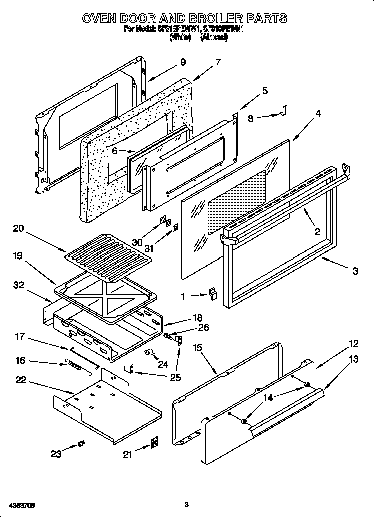 Whirlpool SF318PEWW1 oven door and broiler diagram